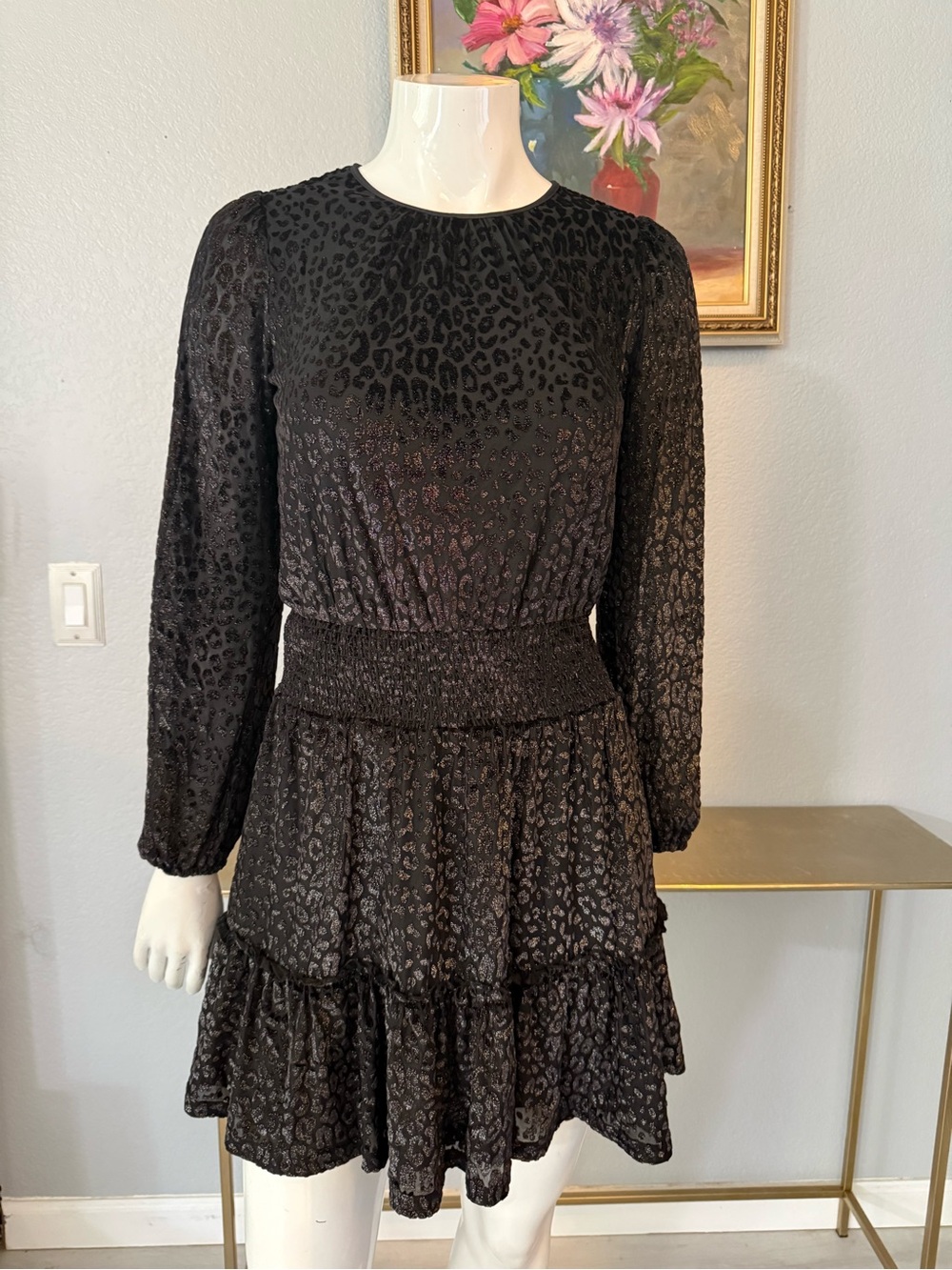 Michael Kors Black Long-Sleeve Leopard-Print Tiered Dress